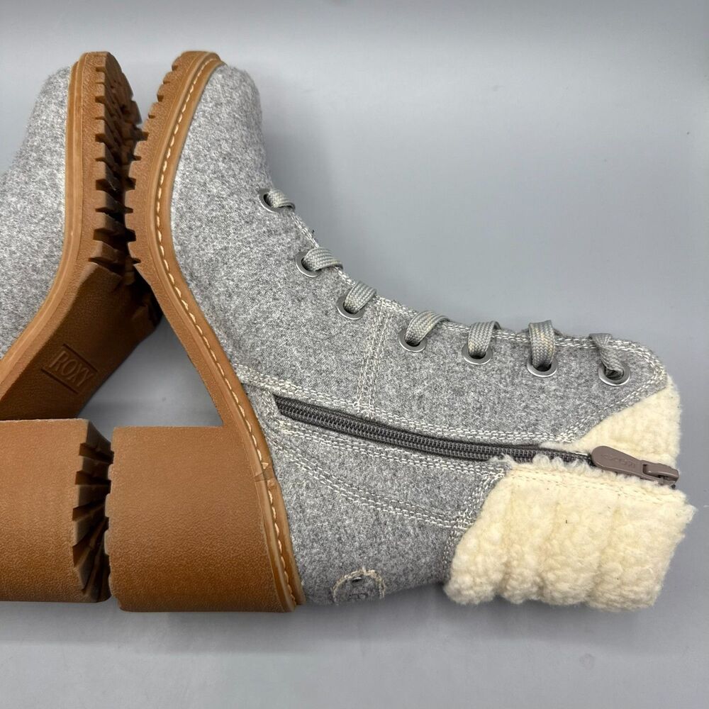Roxy Women’s Gray Lace-Up Zip Ankle Boots Faux Shearling Lined Block Heel Size 8 - Picture 7 of 15